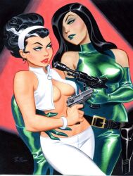 2women black_hair black_hair_female breasts bruce_timm color green_lips green_pants guns lips lipstick madame_hydra marvel marvel_comics red_lips valentina_de_fontaine white_pants