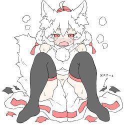 blush breasts breath cat_ears fumomono6500 implied_masturbation looking_pleasured masturbation moaning momiji_inubashiri open_mouth red_eyes skirt sweat sweating tail thick_thighs thighhighs touhou visible_breath white_hair white_shirt