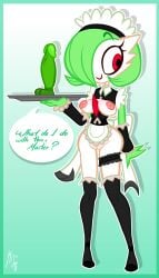 1female 2010s 2017 armwear black_thighhighs bottomless bottomless_female bottomless_shoes breasts_out commission dildo english english_text gardevoir garter_band gradient_background green_dildo green_hair imminent_dildo_insertion jay-onjey maid maid_apron maid_bow maid_headdress maid_uniform nipples pink_nipples pokemon pokemon_(species) red_eyes servant serving_tray shoes smile speaking_to_viewer speech_bubble thighhighs white-skinned_female white_shirt