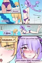 2girls big_breasts bikini blonde_hair green_eyes magenta_hair marima666_(artist) pink_eyes pool swimming_pool water