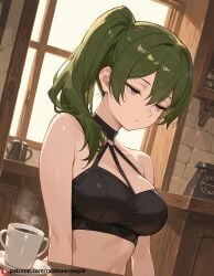 ai_generated beautfiul_background bored coffee_house crop_top crouching green_hair hair_between_eyes half-closed_eyes high_ponytail large_breasts long_hair purple_eyes side_ponytail stunning_backgroud ubel_(sousou_no_frieren)