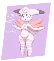 2016 anthro anthrofied bit-small blue_eyes blush bodily_fluids breasts clefable clothing digital_media_(artwork) english_text eyelashes female generation_1_pokemon genitals hi_res legwear legwear_only mostly_nude navel nintendo nipples nude nude_anthro nude_female open_mouth pink_body pink_nipples pokemon pokemon_(species) pokemorph pussy simple_background small_breasts solo stockings stockings_only sweat sweatdrop tail text thigh_highs wide_hips wings