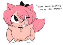 anthro bow bow_tie breasts cum cumshot ejaculation english_text faceless_male feline female frown fur furry gats hair male mammal nipples one_eye_closed orgasm paizuri penis pink_fur pink_hair sex simple_background solo sugar_(gats) text white_background