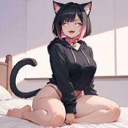 ai_generated bedroom cat_ears cat_tail catgirl collar glowing_eyes hoodie large_ass panties sexy skimpy skimpy_clothing thick_thighs wide_hips