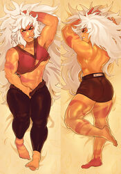 back cinnabarbie dakimakura female gem_(species) jasper_(steven_universe) looking_at_viewer muscle muscular_female orange_eyes orange_skin solo steven_universe sweat white_hair