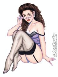 dark_hair elaine_benes glasses julia_louis-dreyfus lingerie looking_to_the_side non-nude pinup red_lipstick scott_blair seinfeld