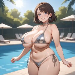 ai_generated bikini blue_eyes brown_hair choker chubby huge_breasts poolside swimwear tagme thick_thighs