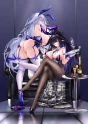 2girls ass azur_lane big_ass black_hair bunny_costume bunny_ears cleavage corset curvy curvy_figure fishnet_legwear fishnets fox_ears high_heels iue_(artist) legs leotard musashi_(azur_lane) shinano_(azur_lane) silver_hair thighhighs thighs very_long_hair