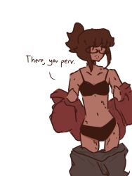 angry annoyed annoyed_expression black_bra black_panties blush blush brown_body brown_hair brown_skin glasses hairbun lily_(sherlynsfw) original original_character sherlynsfw stripping sweat sweating