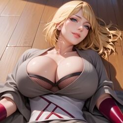 1girls ai_generated athena_art blonde_hair breasts cleavage large_breasts medium_hair naruto naruto_(series) naruto_shippuden on_back samui solo upper_body