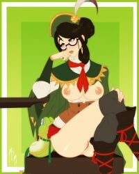 2010s 2017 ass black_hair boots bow breasts_out brown_eyes cap capcom cloak daydreaming exposed_pussy female girl glasses green_background green_cloak guild_girl guildmarm_(monster_hunter) hair_up hand_on_knee j-madeye jay-onjey knuckles_on_chin legs_crossed light-skinned_female lipstick monster_hunter monster_hunter_4 monster_hunter_4_ultimate pussy sitting skirt_up solo stuffed_animal stuffed_frog tagme thighhighs thighs vagina waist_vest