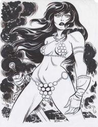 1woman belly_button bikini_armor boobs breasts bruce_timm lips long_hair long_hair_female monochrome red_sonja sword