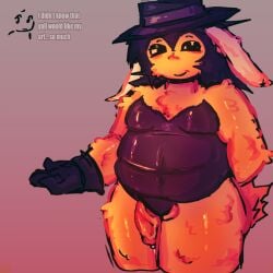 1boy 2d 2d_(artwork) 2d_artwork beer_belly belly big_belly black_eyes black_gloves black_hair black_hat bunny_ears bunny_tail bunnysuit chubby chubby_male cum dick dick_out dream_game forsaken_(roblox) fur genital_fluids gloves gradient_background half-closed_eyes hat mafia mafioso mafioso_(dream_game) male self_upload simple_background white_fur yellow_body yellow_fur