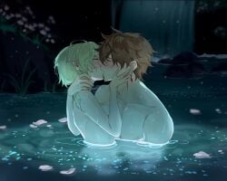 1boy1girl blonde_female blonde_hair blush bubble_sen childe_(genshin_impact) earring flower_petals genshin_impact ginger ginger_male holding_neck in_public kissing lumine_(genshin_impact) nature night passionate passionate_kiss river romantic tartaglia_(genshin_impact) waterfall wet_body