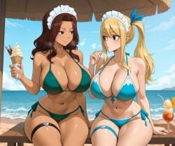 2girls ai_generated alex-schura bangs bare_shoulders beach bikini bikini_bottom black_bikini black_swimsuit blonde_hair blue_bikini blue_eyes blue_sky blue_swimsuit blush breasts brown_eyes brown_hair cana_alberona clavicle cleavage closed_mouth clothing cloud cup curvaceous curvaceous_female curvaceous_figure curvy curvy_figure dark-skinned_female dark_skin day drink drinking_glass drinking_straw eating fairy_tail feeding female female_focus female_only food green_bikini green_swimsuit hair_ornament halterneck headdress headwear holding holding_cup holding_food huge_breasts ice_cream ice_cream_cone inviting inviting_to_sex jewelry large_breasts long_hair looking_at_another looking_at_viewer lucy_heartfilia maid_headdress multiple_girls navel ocean outdoors palm_tree ponytail popsicle presenting presenting_ass presenting_breasts presenting_hindquarters presenting_self ribbon sand seductive seductive_look seductive_smile shiny shiny_skin side-tie_bikini side-tie_bikini_bottom side-tie_clothing side-tie_swimsuit side_ponytail sidelocks sitting skindentation sky smile spoon stomach string_bikini sweat swimsuit thick_thighs thigh_strap thighs tied_hair tree voluptuous voluptuous_female water yuri