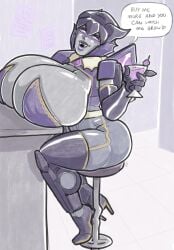 1girls big_breasts breasts busty donut_doodles english_text fan_character fangs grey_skin high_heels huge_breasts purple_eyes robot robot_girl robot_humanoid sitting text text_bubble transformers