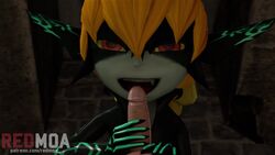 1boy 1girls 3d animated blonde_hair fellatio female female_focus handjob interspecies licking male midna no_sound patreon penis pov red_eyes redmoa shorter_than_10_seconds shortstack smaller_female source_filmmaker straight text the_legend_of_zelda twilight_princess url video watermark
