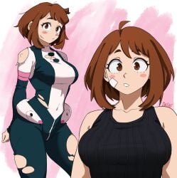 1girls artist_name bandaid big_breasts bodysuit boku_no_hero_academia breasts brown_eyes brown_hair commentary dashi_art highres looking_at_viewer multiple_views my_hero_academia ochako_uraraka parted_lips short_hair simple_background superhero_costume teeth torn_clothes