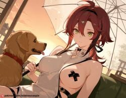 ai_generated breasts canine dog genshin_impact green_eyes large_breasts one_breast_out pasties red_hair shikanoin_heizou sitting tongue_out transparent_umbrella umbrella