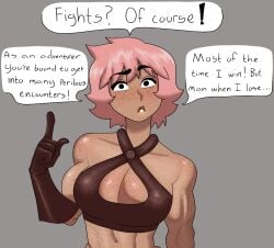 abs black_eyes boob_window crop_top dialogue english english_dialogue english_text jenny_the_adventurer muscular muscular_female not_porn original_character pink_hair sfw spicyturtlart talking_to_viewer