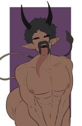 1boy black_hair black_horns black_lips black_sclera dark-skinned_femboy dark-skinned_male dark_skin demon femboy horns hotsriracha lips long_tongue muscular_femboy open_mouth original original_character roux_(rouxtremblay) solo solo_male tail thick_lips tongue_out tongue_piercing