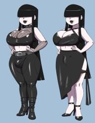 bangs_over_eyes bare_midriff belt black_hair black_lipstick boots bulge bulge_through_clothing calamity_(marisfaraway) character_sheet collar darkeros13 dress fishnets futa_only futanari goth goth_futa goth_girl high_heels large_breasts pale-skinned_futanari pale_skin pants penis_bulge reference_sheet slit_dress straight_hair tank_top very_long_hair