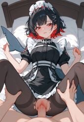 1boy apron bangs bed bed_sheet betterwaifu black_dress black_hair black_legwear black_pantyhose blush breasts clothed_female_nude_male clothed_sex clothing collar colored_inner_hair dress ellen_joe female female fish_tail frills hair_ornament hairclip hands_up headdress headwear indoors legwear looking_at_viewer lying maid maid_headdress male medium_breasts multicolored_hair nude on_back on_bed pantyhose parted_lips penis pillow puffy_short_sleeves puffy_sleeves red_eyes red_hair sex short_hair short_sleeves solo_focus spread_legs straight tail thigh_grab thighband_pantyhose thighhighs tomogento torn_clothes torn_legwear torn_pantyhose two-tone_hair uniform vagina vaginal_penetration x_hair_ornament zenless_zone_zero