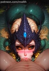 1boy 1girls ai_generated black_sclera blonde_hair blowjob blush colored_sclera cum_in_mouth cumshot deepthroat deepthroat_no_hands drooling face_fucking fellatio female helmet in_water irrumatio large_ass large_penis league_of_legends league_of_legends:_wild_rift long_hair malth marai mermaid mermaid_tail monster_girl nami_(league_of_legends) pov riot_games tears yellow_eyes