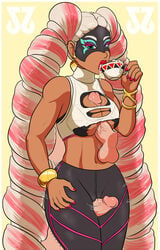 1girls arms_(game) between_legs breasts cameltoe chocolate_paizuri cleavage crotch_rub cum_drinking cum_in_container cum_in_cup dark-skinned_female dark_skin disembodied_penis erection female gokkun looking_at_viewer midriff navel nintendo paizuri paizuri_under_clothes penis skin_tight solo_focus straight straight_hair thigh_sex torn_clothes twintelle unseen_male_face xxxx52