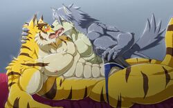 abs anthro bed broken_(artist) canine erection furry husky kouya_(morenatsu) male mammal morenatsu muscular nude pecs penis simple_background speedo swimsuit tenting tongue tongue_out torahiko_(morenatsu) yaoi