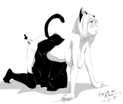 all_fours animal_ears artist_name bangs blush breasts cat_ears cat_tail dated dildo eyebrows_visible_through_hair fake_animal_ears female greyscale large_breasts looking_to_the_side monochrome mouth_hold nipples object_insertion original short_hair sketch skirt smile solo tabata_hisayuki tail thighhighs topless vaginal_object_insertion vaginal_penetration vibrator