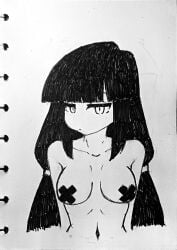 1girls arms_behind_back big_breasts black_hair breasts closed_mouth collarbone cross_pasties expressionless female female_only greyscale inabakumori jitome large_breasts long_hair looking_at_viewer monochrome mv_character navel osage-chan pasties scan_artifacts solo solo_female topless topless_female traditional_media traditional_media_(artwork) vyndelaa