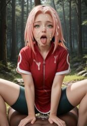 ai_generated clothed clothed_sex cowgirl cowgirl_position cum cum_on_hair dark-skinned_male facial green_eyes interracial naruto_(classic) pink_hair sakura_haruno(genin)