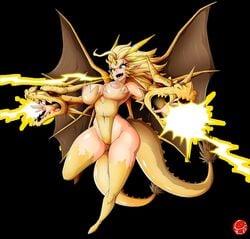 1girls 2016 alien blonde_hair breasts cameltoe cosplay dragon energy female glowing godzilla_(series) humanized hydra kaiju kaiju_girl kaiju_girls_(webcomic) king_ghidorah large_breasts leotard monster monster_girl pussy queen_ghidorah red_eyes revealing_clothes rule_63 sagging_breasts see-through tail toho wings witchking00