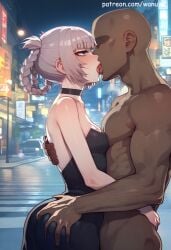 ai_generated ass_grab bald big_ass big_butt big_thighs blue_eyes blush call_of_the_night choker dark-skinned_male dark_skin faceless_male huge_ass huge_butt huge_thighs kiss_on_lips kissing medium_breasts muscular muscular_male nanakusa_nazuna small_breasts tight_clothing wanuze white_hair wide_hips yofukashi_no_uta