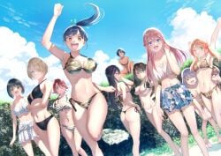 6+girls arms_up ass azuma_valentina bent_over bikini bikini_skirt black_bikini black_hair blonde_hair blue_eyes blue_hair breasts camouflage camouflage_bikini chiyoda_ririka cleavage closed_mouth dark_blue_hair day glasses green_eyes horizontal-striped_bikini hououji_akane kariyazaki_rei large_breasts long_hair looking_at_viewer looking_back makuzawa_ouka megami_no_kafeterasu multiple_girls navel official_art one_eye_closed ono_shiragiku open_mouth orange_hair outdoors plaid_bikini plaid_clothes ponytail print_bikini purple_eyes red_eyes red_hair seo_kouji short_hair sky souya_moemi squatting standing standing_on_one_leg string_bikini swimsuit takasaki_mao thighs tsukishima_riho tsuruga_ami twintails white_bikini yellow_bikini yellow_eyes yoshino_hekiru