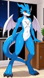 1girls 2024 ai_generated anthro blue_body blushing curvy_figure digimon digimon_(species) digitigrade exveemon female female_only hi_res indoors innie_pussy looking_at_viewer night nude nude_female pussy red_eyes shy smile white_body wings