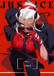 1girls blind buisness_suit business_attire business_woman demon demon_girl glasses gloves helltaker horns justice_(helltaker) necktie red_gloves red_shirt shades smile smiling smiling_at_viewer tie tinted_eyewear white_hair