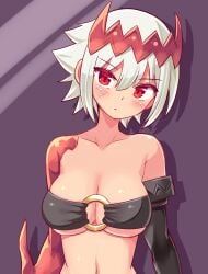 big_breasts blush blushing bra cougar1404 dragon dragon_girl dragon_marked_for_death empress_(dmfd) horns inti_creates large_breasts monster_girl red_eyes red_scales ring_bra scales scar white_hair