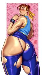 1girls asian asian_female ass big_ass blush chun-li fat_ass finger_on_chin huge_ass joylewds looking_back looking_down mature_female milf ripped_clothing ripped_pants street_fighter sweat sweatdrop thick_ass