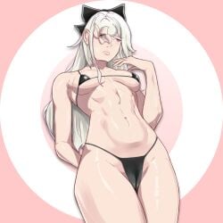 abs albino bikini blush cameltoe drag-on_dragoon drag-on_dragoon_3 drakengard drakengard_3 flow flower_over_eye hair_ribbon long_hair matich medium_breasts pale_skin pink_eyes pout pouting pouty_lips sheer_clothing sheer_panties square_enix string_bikini white_hair zero_(drag-on_dragoon) zero_(drakengard)