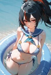 ai_generated beach belly belly_button big_breasts bikini black_hair cleavage female female_only inner_tube midriff moist orange_eyes ponytail pool sailor_collar seductive_smile shiny_skin solo solo_female striped_bikini striped_panties swimsuit thighs two_tone_hair wide_hips zenless_zone_zero zhu_yuan