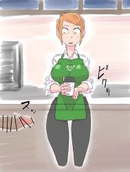 1girls apron at_work bar_censor barista big_breasts big_penis breasts censored censored_penis coffee coffee_cup coffee_shop erection female female_focus floating_penis fucking_yabai green_apron hi_res japanese_text male mostly_offscreen_character penis unseen_male_face