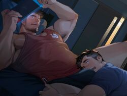 2boys armpit_hair armpits arms_up bara beard beard_stubble bed bedroom black_hair blue_clothing blush boxer_briefs brown_hair bulge bulge_through_clothing clothed dark_room face_on_penis game_controller gay grabbing_legs hi_res holding_object icebanon lying lying_on_back lying_on_bed lying_on_person lying_on_stomach male male/male male_only mature_male muscles muscular muscular_arms muscular_legs muscular_male muscular_thighs nintendo_switch open_mouth original original_character pants_around_one_leg pecs short_hair sideburns spread_legs sweat sweatdrop tank_top tarutoru thick_eyebrows