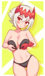 blush bra bra_unclipped butt_fang cougar1404 dragon dragon_girl dragon_marked_for_death empress_(dmfd) horns inti_creates large_breasts monster_girl panties red_eyes red_scales scales scar white_hair