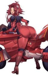 akiza_izinski antenna_hair ass_focus biker_clothes bodysuit full_body gamjasssak hair_intakes hair_ornament huge_ass large_breasts looking_at_viewer looking_back motorcycle_suit red_hair spiky_hair white_background yu-gi-oh! yu-gi-oh!_5d's