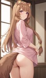 1girls ai_generated ass ass_focus back_view blush bottomless exposed_ass from_behind kslgsnb looking_at_viewer looking_back medium_breasts oversized_clothes pixai raccoon_ears raccoon_girl raccoon_tail raphtalia shirt solo tail tate_no_yuusha_no_nariagari thick_thighs thighs