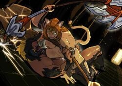 anthro au_ra battle_axe battle_sex black_hair black_scales chopshoppar cowgirl_position cum cum_in_pussy cum_inside femdom fight final_fantasy final_fantasy_xiv green_eyes hrothgar lion_ears lion_girl lion_tail lioness lizard_tail magnai_oronir male nude orange_hair scales sex_fight smile square_enix vaginal_penetration wuk_lamat yellow_eyes yellow_highlights