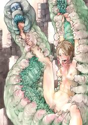 barefoot blonde_hair blush bondage braid breasts caterpillar feet female insects monster nipples nude open_mouth otoma_may pointy_ears restrained size_difference tickling tied_hair wall