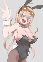 1girls ahoge blonde_hair blue_eyes blush breast_slip breasts breasts_out bunny_ears bunnysuit choker dadadaeki00 danganronpa danganronpa_v3 female female_only goggles iruma_miu large_breasts long_hair messy_hair navel_visible_through_clothes open_mouth pasties peace_sign smile solo_female taped_nipples wardrobe_malfunction x_pasties